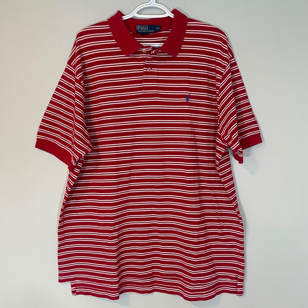 Polo Ralph Lauren Mens XXL Red White Striped Short Sleeve Cotton Polo Shirt Pony